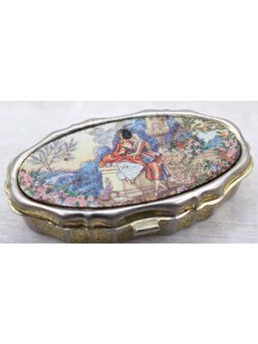 Victorian Style Metal Pill Box Lid Trinket Romantic Garden MCM Cottagecore Vtg